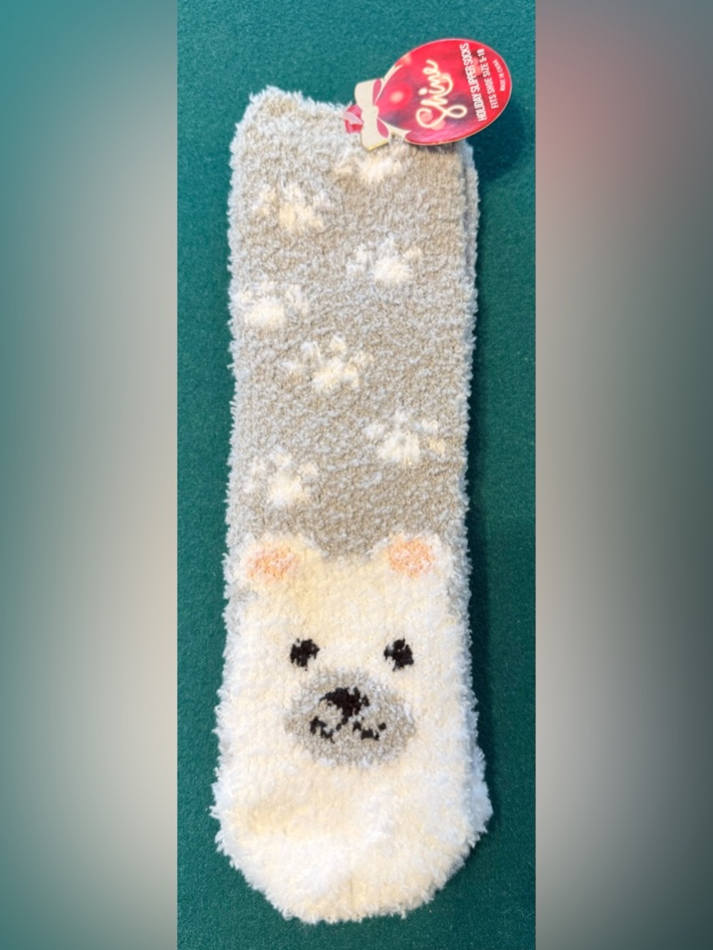 Cozy Plush Bear Crew Socks - Gray & White